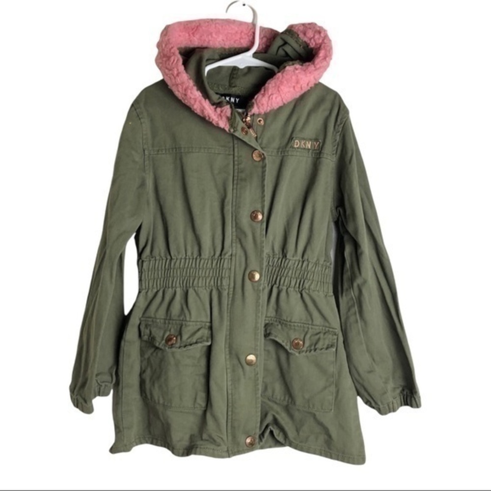 DKNY Green Pink Hooded Faux Fur Sherpa Trim Utility Jacket Girls Size 8